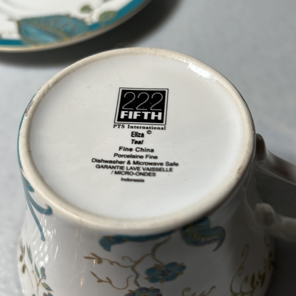 Vintage Retired Flat Cup & Saucer Set Eliza Teal by 222 FIFTH Gold Trim - Picture 5 of 7
